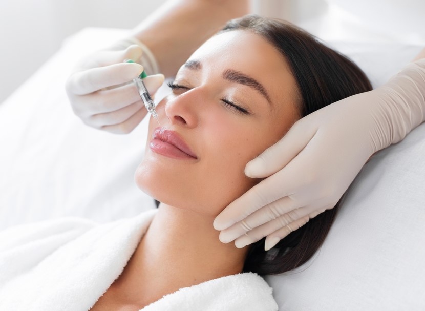 Provider giving a Botox injection to a relaxed patient&rsquo;s forehead